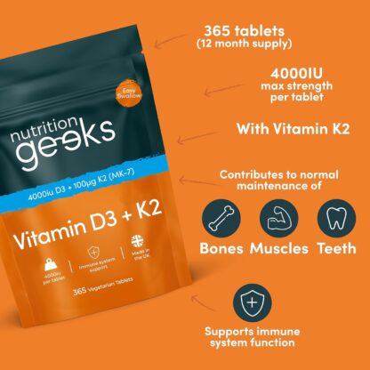 Vitamin D3 4000 iu & Vitamin K2 MK7 100μg - 1 Year Supply, 365 Easy-Swallow Vitamin D3 K2 Tablets, 1-A-Day High Strength Vegetarian D3 and K2 Vitamin Supplements, UK Made Vitamin D Tablets - Image 3