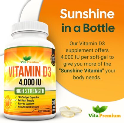 Vitamin D 4,000 IU Softgels, Maximum Strength Vitamin D3 Supplement, 365 Easy to Swallow Tablets - Full Year Supply - Image 2