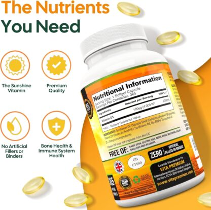 Vitamin D 4,000 IU Softgels, Maximum Strength Vitamin D3 Supplement, 365 Easy to Swallow Tablets - Full Year Supply - Image 3