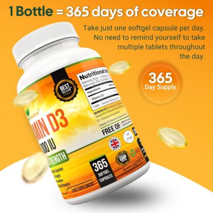 Vitamin D 4,000 IU Softgels, Maximum Strength Vitamin D3 Supplement, 365 Easy to Swallow Tablets - Full Year Supply - Image 5