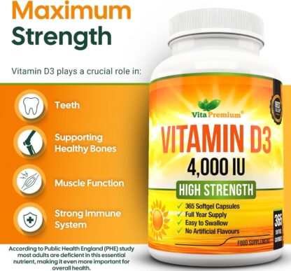 Vitamin D 4,000 IU Softgels, Maximum Strength Vitamin D3 Supplement, 365 Easy to Swallow Tablets - Full Year Supply - Image 6