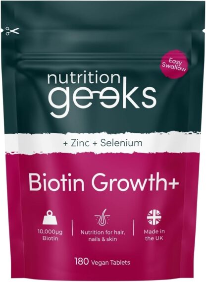 Nutrition Geeks Biotin Hair Growth Supplement - 180 Tablets Enhanced with Zinc & Selenium, Hair Vitamins Complex - Biotin 10000 mcg - Vegan, Hair Skin and Nails Vitamins for Women & Men UK