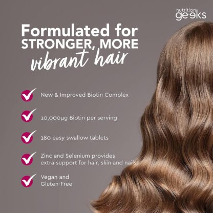 Nutrition Geeks Biotin Hair Growth Supplement - 180 Tablets Enhanced with Zinc & Selenium, Hair Vitamins Complex - Biotin 10000 mcg - Vegan, Hair Skin and Nails Vitamins for Women & Men UK - Image 2