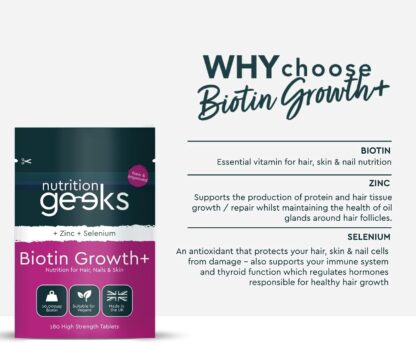 Nutrition Geeks Biotin Hair Growth Supplement - 180 Tablets Enhanced with Zinc & Selenium, Hair Vitamins Complex - Biotin 10000 mcg - Vegan, Hair Skin and Nails Vitamins for Women & Men UK - Image 3