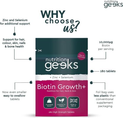 Nutrition Geeks Biotin Hair Growth Supplement - 180 Tablets Enhanced with Zinc & Selenium, Hair Vitamins Complex - Biotin 10000 mcg - Vegan, Hair Skin and Nails Vitamins for Women & Men UK - Image 4