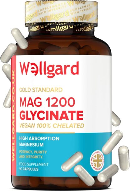 Wellgard Pure Magnesium Glycinate - Not Mixed with Citrate or Malate, High-Strength Magnesium Supplement, Mag 1200, Made in UK