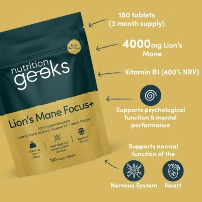 Lions Mane Supplement 4000mg with Vitamin B1 & Black Pepper, 180 Vegan Tablets - Lion's Mane Mushroom 15:1 Extract (Not Lions Mane Powder or Capsules), UK Made for Mental Performance & Nervous System - Image 2