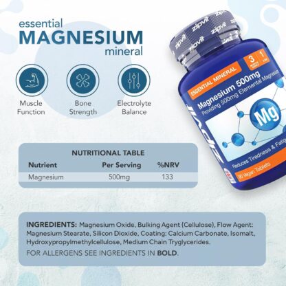 Zipvit Magnesium 500mg of Elemental Magnesium, High-Strength Magnesium Tablets, 3 Month Supply, 90 Vegan Tablets, Magnesium Supplements for Muscle, Bone & Energy, All-Round Magnesium Supplement - Image 5