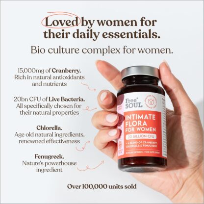 Probiotics for Women – 20 Billion CFU Fortified with 15,000mg Cranberry, Fenugreek & Chlorella – Bio Cultures for Women's Intimate Flora – Vegan Probiotics for Gut Health – 60 Capsules – Free Soul - Image 5