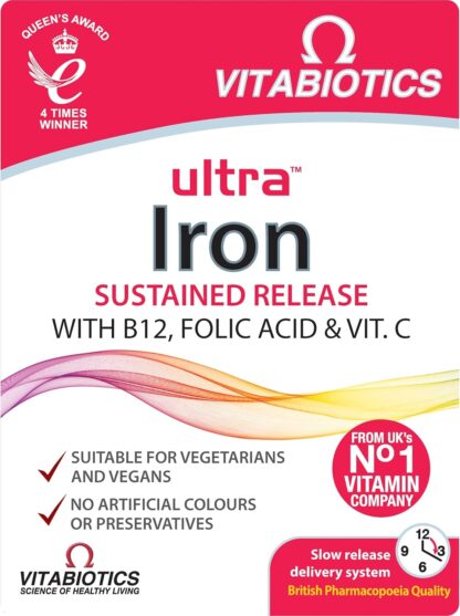 Iron Tablets Supplement, Boosts Energy, Vitality, Power and Immunity and Supports against Anemia, Tiredness and Fatigue with added Vitamin C Vitamin B12 and Folic Acid (Vitamin B9), Vitabiotics Ultra