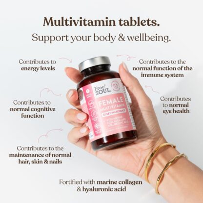 Women's Multivitamins & Minerals with Marine Collagen & Hyaluronic Acid – 27 Essential Vitamins, Minerals, & Botanicals – Gluten-Free & No Synthetic Fillers or Binders – 60 Tablets – Free Soul - Image 2