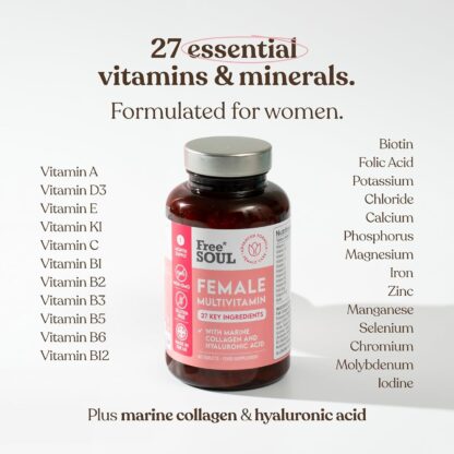 Women's Multivitamins & Minerals with Marine Collagen & Hyaluronic Acid – 27 Essential Vitamins, Minerals, & Botanicals – Gluten-Free & No Synthetic Fillers or Binders – 60 Tablets – Free Soul - Image 3