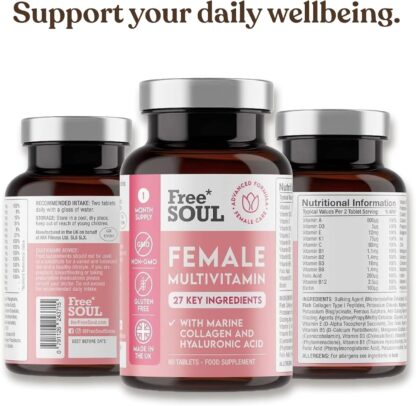 Women's Multivitamins & Minerals with Marine Collagen & Hyaluronic Acid – 27 Essential Vitamins, Minerals, & Botanicals – Gluten-Free & No Synthetic Fillers or Binders – 60 Tablets – Free Soul - Image 8