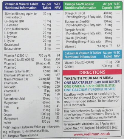 Wellman Max - Maximum Strength Multivitamin Formula Mix with Support for energy, immune system, testosterone level, bone health, brain health,heart health and vision health, 84 Tablets by Vitabiotics - Image 6