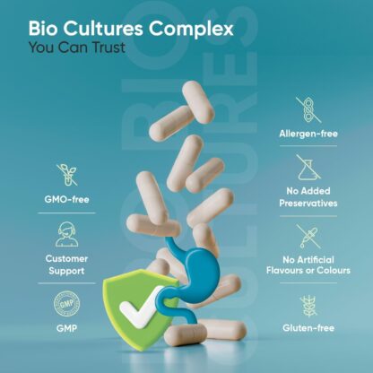 Bio Cultures Complex Probiotics & Prebiotics - 60 Billion CFU - 2 Months Supply - 120 Vegan Probiotic Complex Capsules for Adults - 20 Gut-Friendly Bacterial Cultures Like Lactobacillus Acidophilus - Image 4