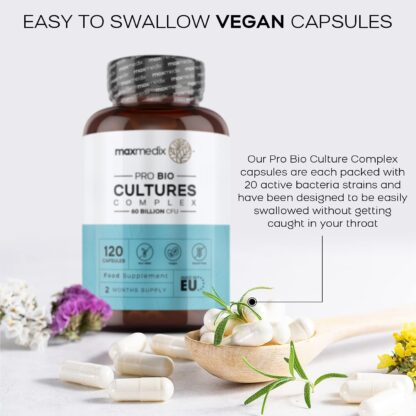 Bio Cultures Complex Probiotics & Prebiotics - 60 Billion CFU - 2 Months Supply - 120 Vegan Probiotic Complex Capsules for Adults - 20 Gut-Friendly Bacterial Cultures Like Lactobacillus Acidophilus - Image 8