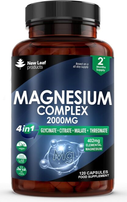 Magnesium Glycinate 4-in-1 Complex 2000mg - 402mg Elemental Magnesium High Strength Magnesium Supplements - Magnesium Bisglycinate,Citrate, Malate, Threonate - 120 Capsules - Vegan UK Made by New Leaf