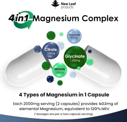 Magnesium Glycinate 4-in-1 Complex 2000mg - 402mg Elemental Magnesium High Strength Magnesium Supplements - Magnesium Bisglycinate,Citrate, Malate, Threonate - 120 Capsules - Vegan UK Made by New Leaf - Image 4