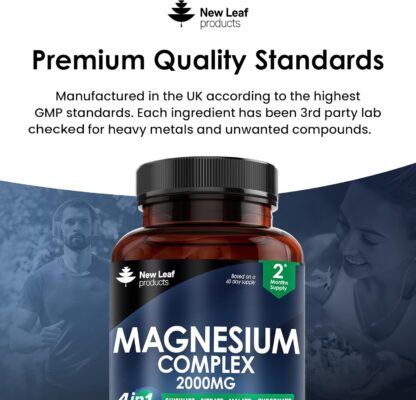 Magnesium Glycinate 4-in-1 Complex 2000mg - 402mg Elemental Magnesium High Strength Magnesium Supplements - Magnesium Bisglycinate,Citrate, Malate, Threonate - 120 Capsules - Vegan UK Made by New Leaf - Image 5