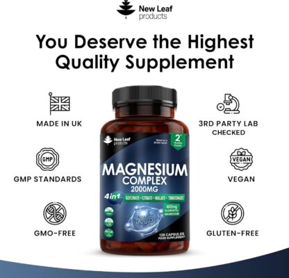 Magnesium Glycinate 4-in-1 Complex 2000mg - 402mg Elemental Magnesium High Strength Magnesium Supplements - Magnesium Bisglycinate,Citrate, Malate, Threonate - 120 Capsules - Vegan UK Made by New Leaf - Image 6