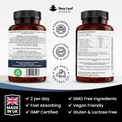 Magnesium Glycinate 4-in-1 Complex 2000mg - 402mg Elemental Magnesium High Strength Magnesium Supplements - Magnesium Bisglycinate,Citrate, Malate, Threonate - 120 Capsules - Vegan UK Made by New Leaf - Image 7