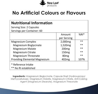Magnesium Glycinate 4-in-1 Complex 2000mg - 402mg Elemental Magnesium High Strength Magnesium Supplements - Magnesium Bisglycinate,Citrate, Malate, Threonate - 120 Capsules - Vegan UK Made by New Leaf - Image 8