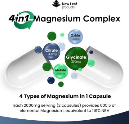 Magnesium Glycinate 4-in-1 Complex 2000mg - 402mg Elemental Magnesium High Strength Magnesium Supplements - Magnesium Bisglycinate,Citrate, Malate, Threonate - 120 Capsules - Vegan UK Made by New Leaf - Image 11