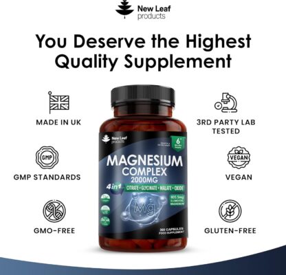 Magnesium Glycinate 4-in-1 Complex 2000mg - 402mg Elemental Magnesium High Strength Magnesium Supplements - Magnesium Bisglycinate,Citrate, Malate, Threonate - 120 Capsules - Vegan UK Made by New Leaf - Image 12