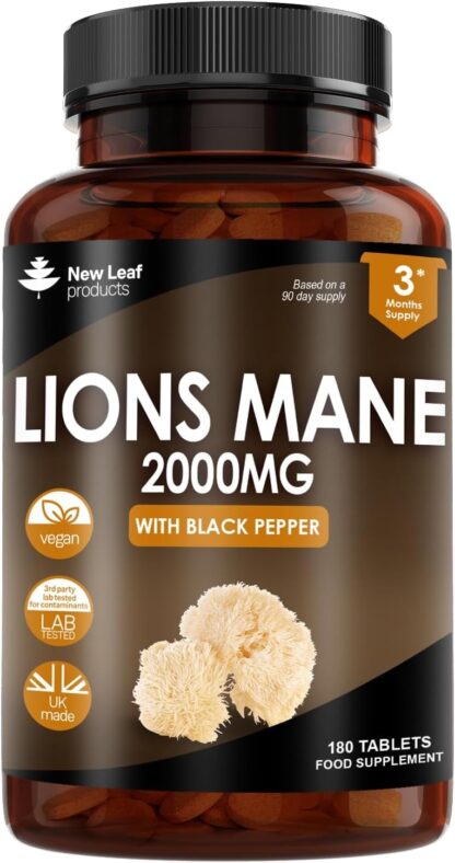 Lions Mane Mushroom Extract Supplement 2000mg - 180 High Strength Vegan Tablets with Black Pepper - (Not Powder or Capsules) Made in The UK by New Leaf Products