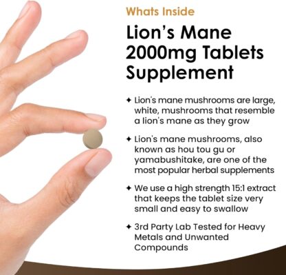 Lions Mane Mushroom Extract Supplement 2000mg - 180 High Strength Vegan Tablets with Black Pepper - (Not Powder or Capsules) Made in The UK by New Leaf Products - Image 2