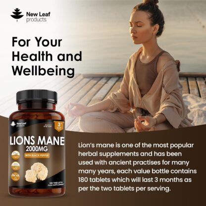 Lions Mane Mushroom Extract Supplement 2000mg - 180 High Strength Vegan Tablets with Black Pepper - (Not Powder or Capsules) Made in The UK by New Leaf Products - Image 3