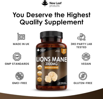 Lions Mane Mushroom Extract Supplement 2000mg - 180 High Strength Vegan Tablets with Black Pepper - (Not Powder or Capsules) Made in The UK by New Leaf Products - Image 4