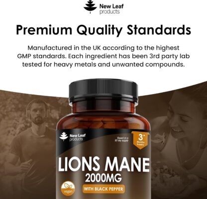 Lions Mane Mushroom Extract Supplement 2000mg - 180 High Strength Vegan Tablets with Black Pepper - (Not Powder or Capsules) Made in The UK by New Leaf Products - Image 5