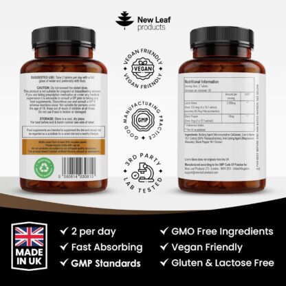 Lions Mane Mushroom Extract Supplement 2000mg - 180 High Strength Vegan Tablets with Black Pepper - (Not Powder or Capsules) Made in The UK by New Leaf Products - Image 6