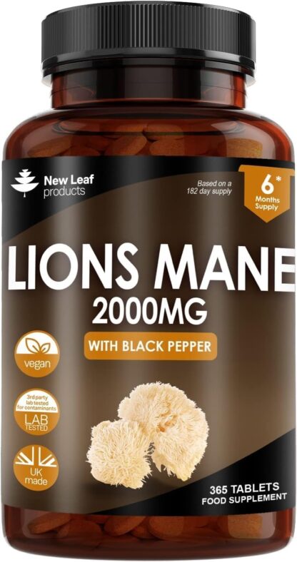 Lions Mane Mushroom Extract Supplement 2000mg - 180 High Strength Vegan Tablets with Black Pepper - (Not Powder or Capsules) Made in The UK by New Leaf Products - Image 8