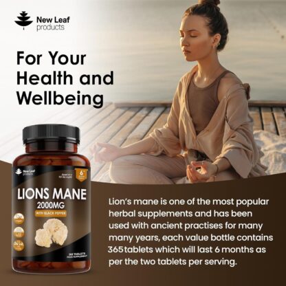 Lions Mane Mushroom Extract Supplement 2000mg - 180 High Strength Vegan Tablets with Black Pepper - (Not Powder or Capsules) Made in The UK by New Leaf Products - Image 10