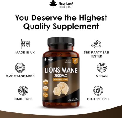 Lions Mane Mushroom Extract Supplement 2000mg - 180 High Strength Vegan Tablets with Black Pepper - (Not Powder or Capsules) Made in The UK by New Leaf Products - Image 11