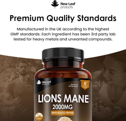 Lions Mane Mushroom Extract Supplement 2000mg - 180 High Strength Vegan Tablets with Black Pepper - (Not Powder or Capsules) Made in The UK by New Leaf Products - Image 12