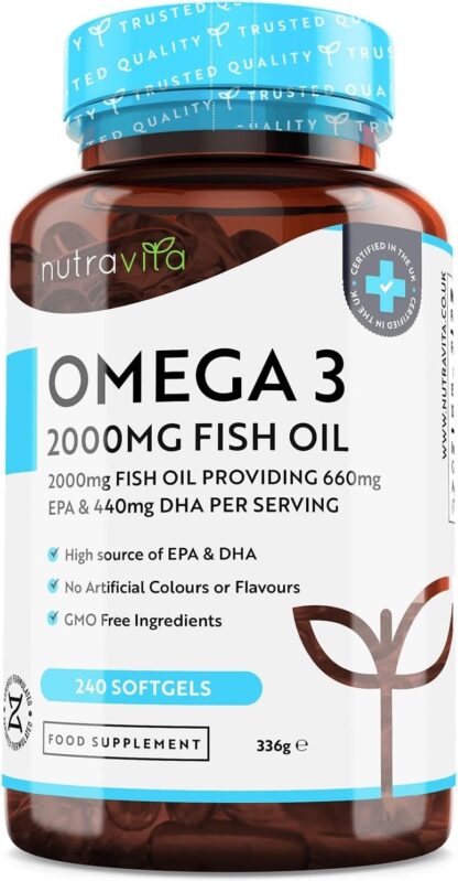 Omega 3 2000mg with 660mg EPA & 440mg DHA per Serving - 240 Softgel Capsules of Sustainably Sourced High Strength Pure Omega 3 Fish Oil - 4 Months Supply - Made in The UK by Nutravita