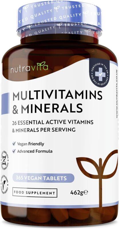 Multivitamins & Minerals - 365 Vegan Multivitamin Tablets - 1 Year Supply - Multivitamin Tablets for Men and Women with 26 Essential Active Vitamins & Minerals - Made in The UK by Nutravita