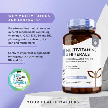 Multivitamins & Minerals - 365 Vegan Multivitamin Tablets - 1 Year Supply - Multivitamin Tablets for Men and Women with 26 Essential Active Vitamins & Minerals - Made in The UK by Nutravita - Image 2