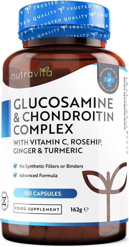 Glucosamine and Chondroitin Complex – 180 High Strength Capsules – Contributes to The Maintenance of Normal Immune System – with Vitamin C, Turmeric, Ginger and Rosehip – Made in The UK by Nutravita