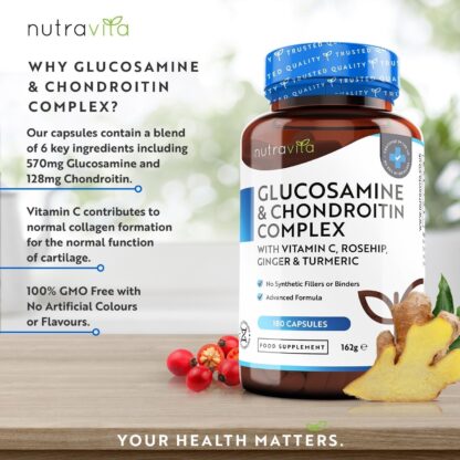 Glucosamine and Chondroitin Complex – 180 High Strength Capsules – Contributes to The Maintenance of Normal Immune System – with Vitamin C, Turmeric, Ginger and Rosehip – Made in The UK by Nutravita - Image 2