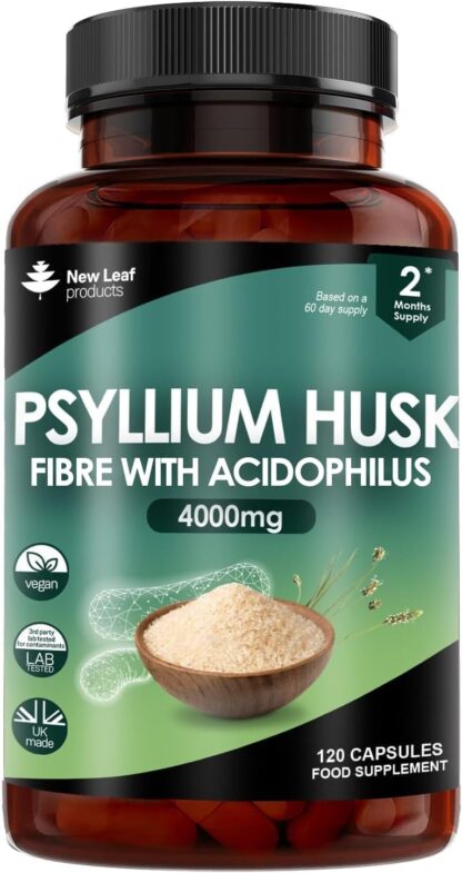 Fibre Supplement 4000mg Psyllium Husk with Acidophilus - High Strength - Natural Soluble Fiber Supplement from Plantago Ovata Seeds, 120 Psyllium Husks Capsules Vegan, Made in UK by New Leaf