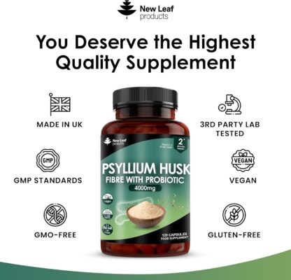 Fibre Supplement 4000mg Psyllium Husk with Acidophilus - High Strength - Natural Soluble Fiber Supplement from Plantago Ovata Seeds, 120 Psyllium Husks Capsules Vegan, Made in UK by New Leaf - Image 4