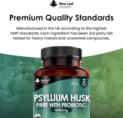 Fibre Supplement 4000mg Psyllium Husk with Acidophilus - High Strength - Natural Soluble Fiber Supplement from Plantago Ovata Seeds, 120 Psyllium Husks Capsules Vegan, Made in UK by New Leaf - Image 5