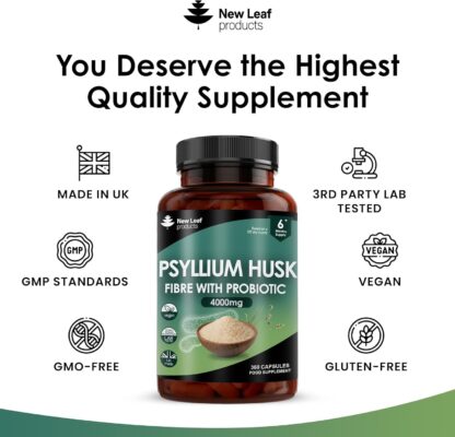 Fibre Supplement 4000mg Psyllium Husk with Acidophilus - High Strength - Natural Soluble Fiber Supplement from Plantago Ovata Seeds, 120 Psyllium Husks Capsules Vegan, Made in UK by New Leaf - Image 11