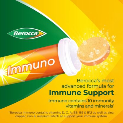 Berocca Immuno Effervescent Tablets, 11 Vitamins and Minerals, Including Vitamins D, C, A, B9, Zinc and Iron to Help Support Your Immune System and B6 and B12 Support Energy Release, Green, 30 Tablets - Image 2