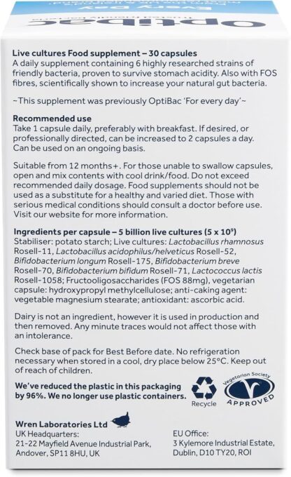 Optibac Probiotics Every Day - Digestive Probiotic Supplement with 5 Billion Bacterial Cultures & FOS Fibres - 30 Capsules - Image 8