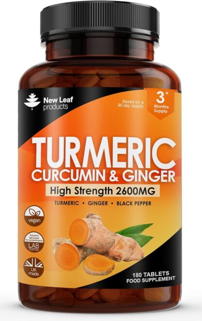 Turmeric Tablets 2600mg with Black Pepper & Ginger - 95% Curcumin Extract -180 Tablets (3 Months) High Strength Active Turmeric Supplements Not Turmeric Capsules,by New Leaf